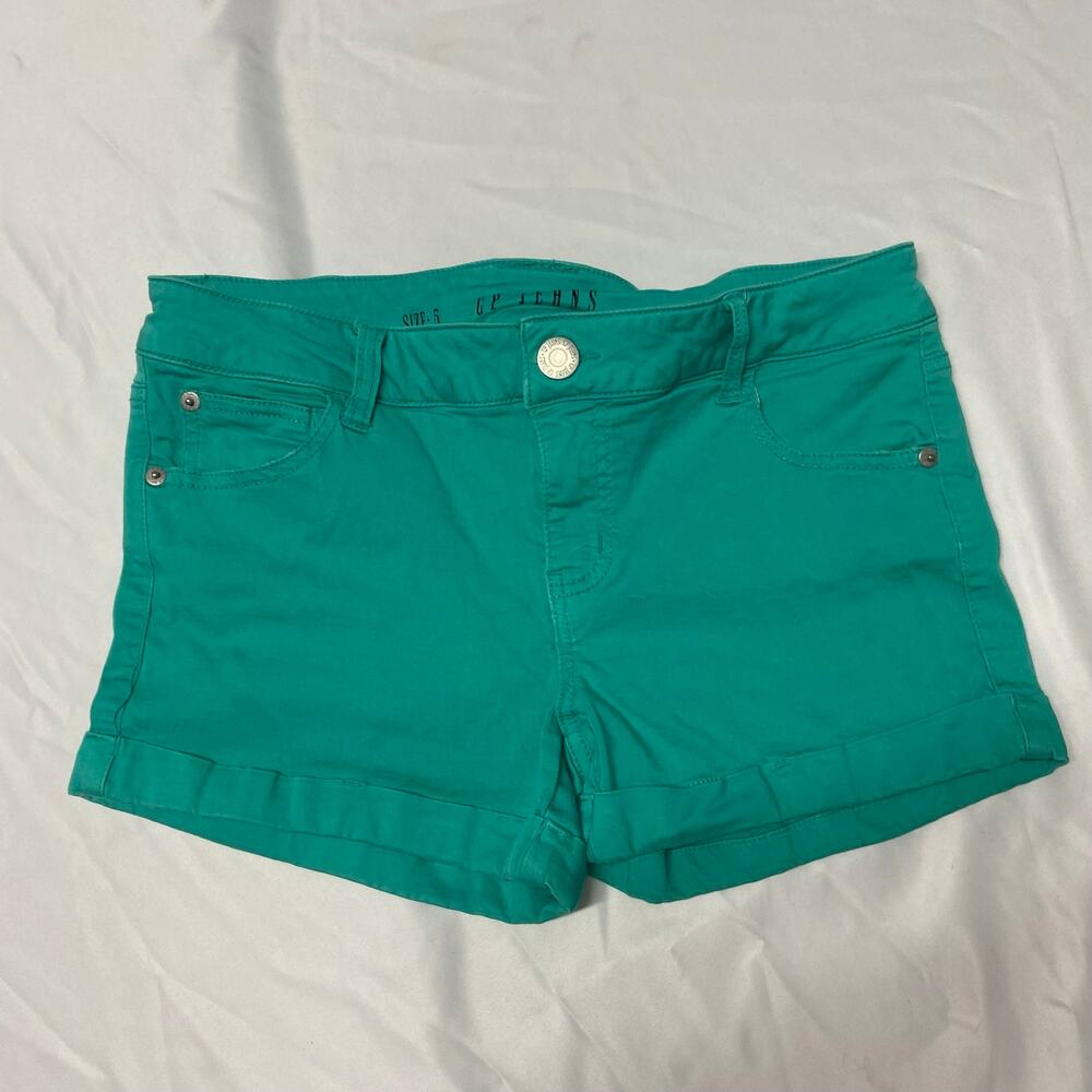 CP Jeans Shorts Sea Green 5 Pocket Zip Up W/Button Size 5 Cuff Legs Belt Loops